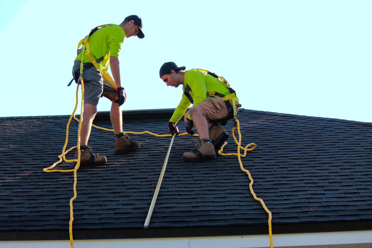 Roofing crew completing a full residential roof replacement